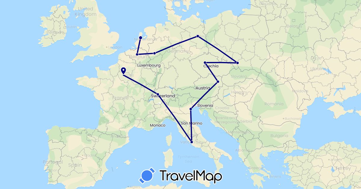 TravelMap itinerary: driving in Austria, Belgium, Switzerland, Czech Republic, Germany, France, Italy, Netherlands, Poland (Europe)
